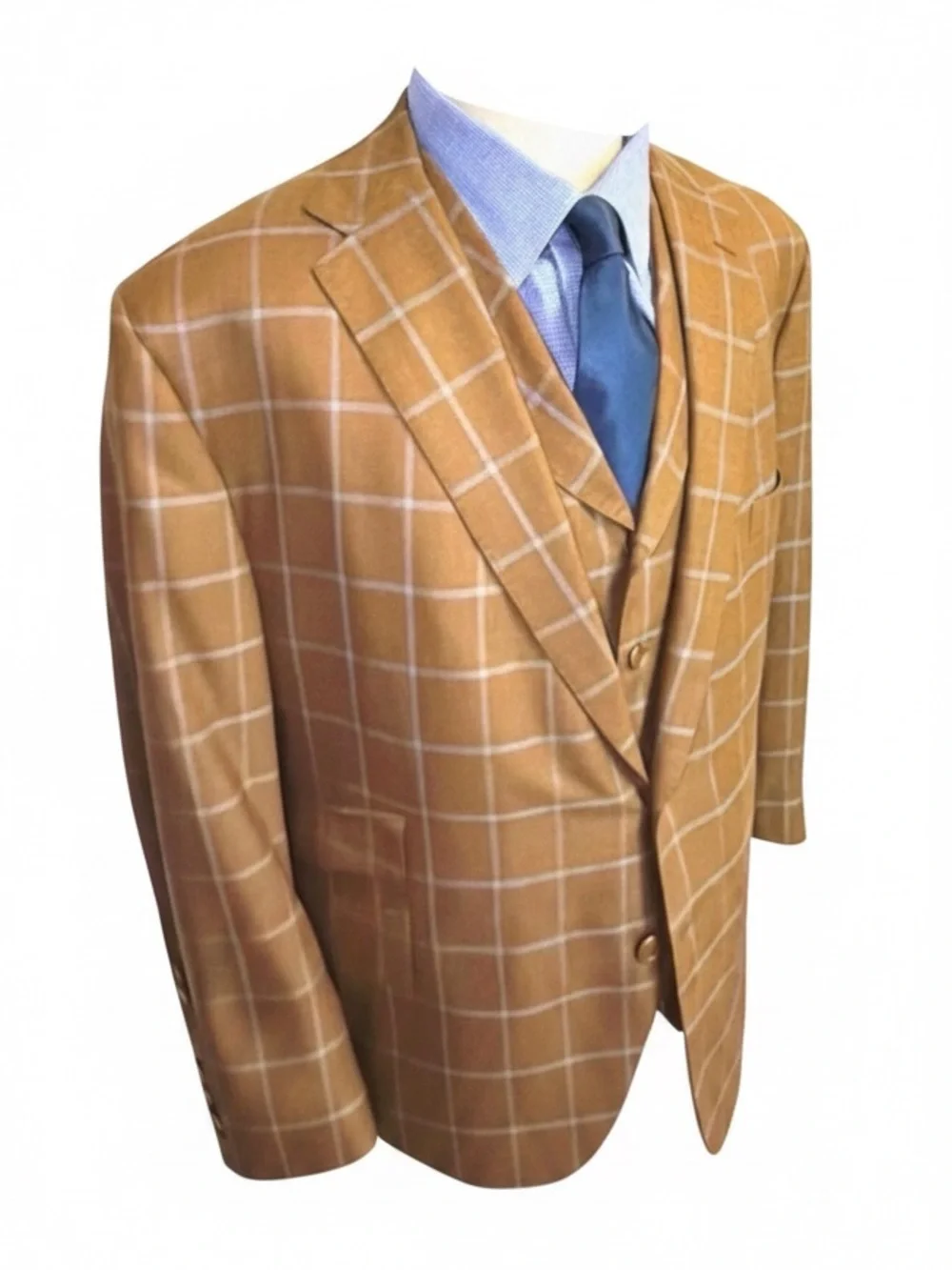 Tom James Custom 3-Piece Suit | Windowpane | Gold Buttons | Classic Tailored